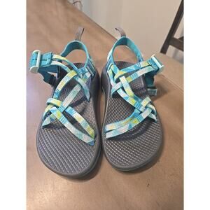 Chaco Double strappy sandals girls size 1 teal blue aqua yellow gray zx/1